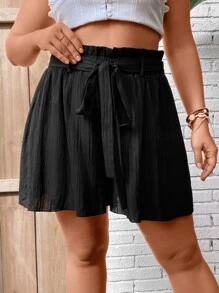 SHEIN Clasi Plus Paperbag Waist Belted Shorts - Black - View 3