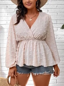 SHEIN Holidaya Plus Swiss Dot Surplice Neck Peplum Blouse - Baby Pink - View 7