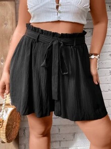 SHEIN Clasi Plus Paperbag Waist Belted Shorts - Black - View 6