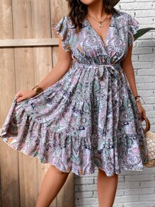 Breezaya Vestido con cinturón con estampado de paisley bajo con fruncido - Multicolor - Ver 4