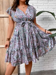 Breezaya Vestido con cinturón con estampado de paisley bajo con fruncido - Multicolor - Ver 7