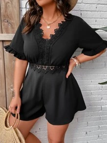 SHEIN Holidaya Plus Guipure Lace Panel Flounce Sleeve Romper - Black - View 1