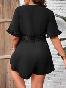 SHEIN Holidaya Plus Guipure Lace Panel Flounce Sleeve Romper - Black - View 2