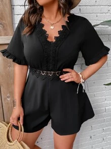 SHEIN Holidaya Plus Guipure Lace Panel Flounce Sleeve Romper - Black - View 7