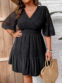 SHEIN LUNE 大碼荷葉袖腰部打褶荷葉邊連衣裙 - 黑色 - 查看 1