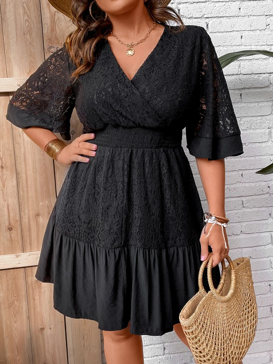 SHEIN LUNE 大碼荷葉袖腰部打褶荷葉邊連衣裙 - 黑色 - 查看 1