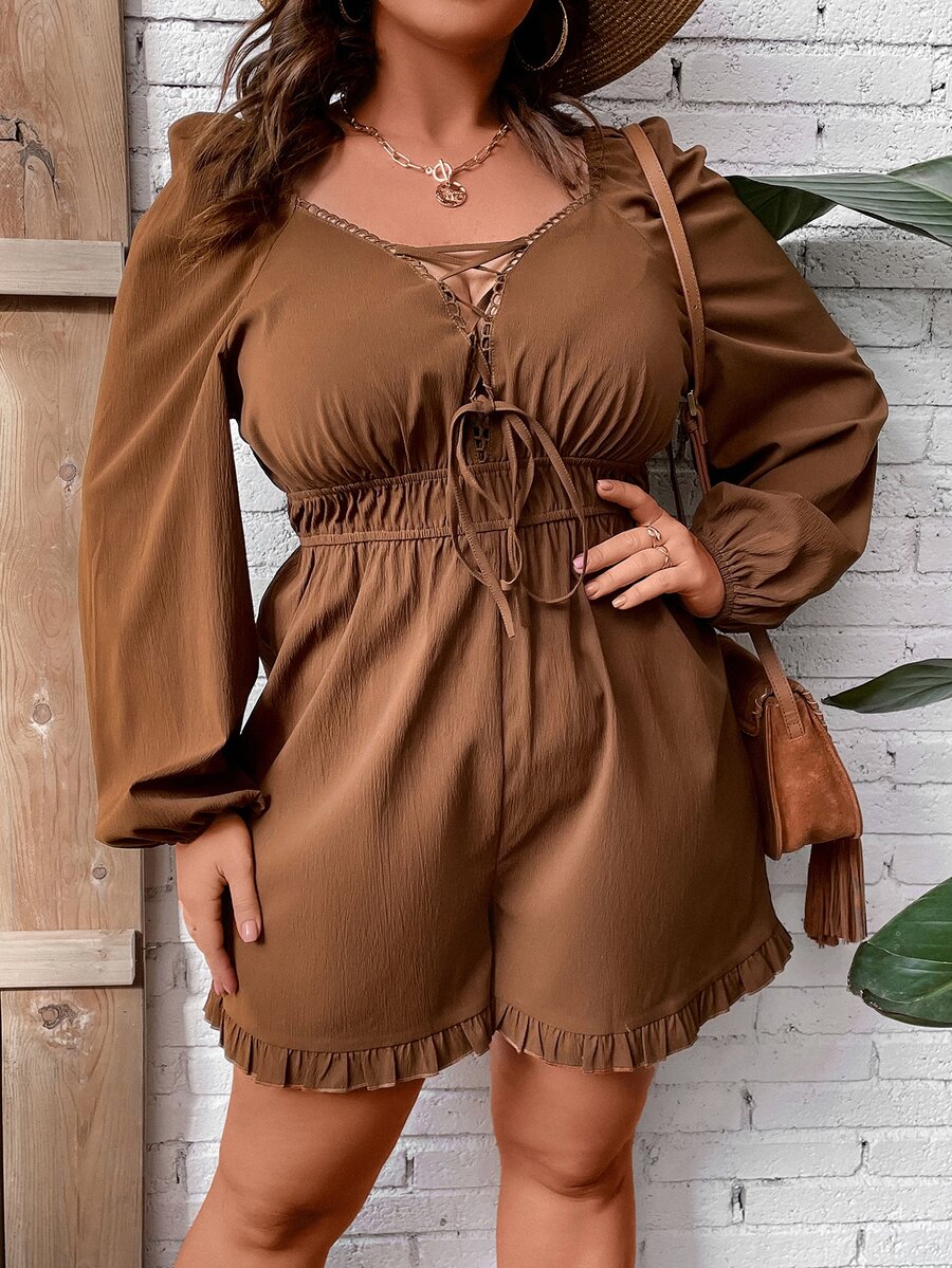 SHEIN Holidaya Mono de manga farol con cordón delantero bajo con fruncido - Café integral - Ver 1