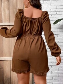 SHEIN Holidaya Mono de manga farol con cordón delantero bajo con fruncido - Café integral - Ver 2