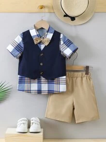 SHEIN 男小童格紋格紋學院翻領短袖兩件套套裝適合夏天