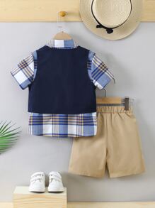 SHEIN 男小童格紋格紋學院翻領短袖兩件套套裝適合夏天