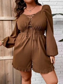 SHEIN Holidaya Mono de manga farol con cordón delantero bajo con fruncido - Café integral - Ver 3