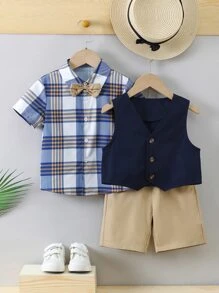 SHEIN 男小童格紋格紋學院翻領短袖兩件套套裝適合夏天