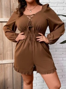 SHEIN Holidaya Mono de manga farol con cordón delantero bajo con fruncido - Café integral - Ver 4