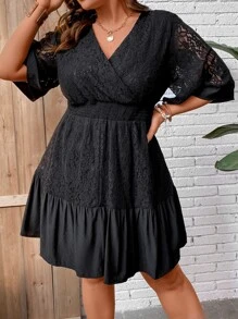 SHEIN LUNE 大碼荷葉袖腰部打褶荷葉邊連衣裙 - 黑色 - 查看 3