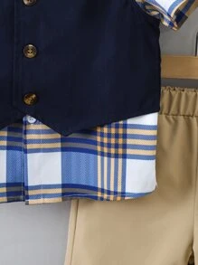 SHEIN 男小童格紋格紋學院翻領短袖兩件套套裝適合夏天