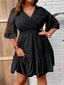 SHEIN LUNE 大碼荷葉袖腰部打褶荷葉邊連衣裙 - 黑色 - 查看 5