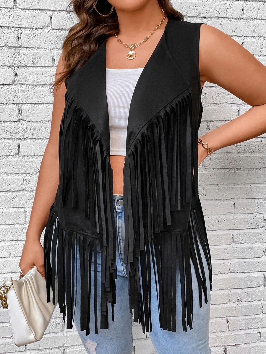 SHEIN LUNE Plus Fringe Trim Open Front Vest Coat - Black - View 1