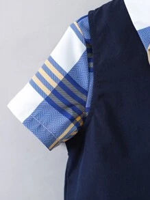 SHEIN 男小童格紋格紋學院翻領短袖兩件套套裝適合夏天