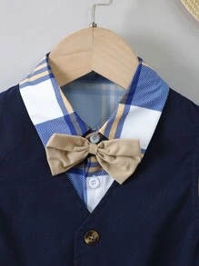 SHEIN 男小童格紋格紋學院翻領短袖兩件套套裝適合夏天