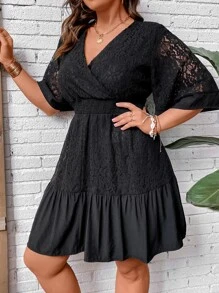 SHEIN LUNE 大碼荷葉袖腰部打褶荷葉邊連衣裙 - 黑色 - 查看 6