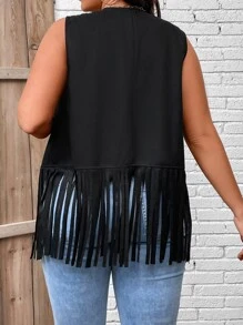 SHEIN LUNE Plus Fringe Trim Open Front Vest Coat - Black - View 2