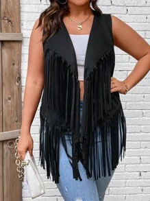 SHEIN LUNE Plus Fringe Trim Open Front Vest Coat - Black - View 3
