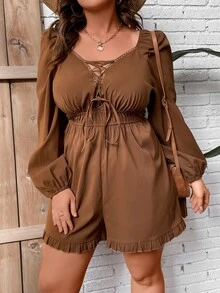 SHEIN Holidaya Mono de manga farol con cordón delantero bajo con fruncido - Café integral - Ver 6