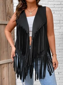 SHEIN LUNE Plus Fringe Trim Open Front Vest Coat - Black - View 4
