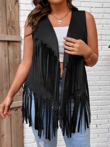 SHEIN LUNE Plus Fringe Trim Open Front Vest Coat - Black - View 5