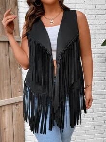 SHEIN LUNE Plus Fringe Trim Open Front Vest Coat - Black - View 6