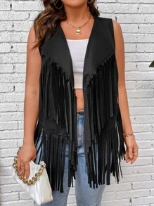 SHEIN LUNE Plus Fringe Trim Open Front Vest Coat - Black - View 7