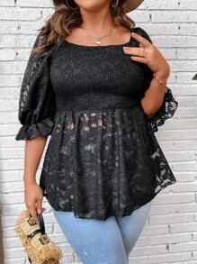 SHEIN LUNE Plus Floral Print Puff Sleeve Peplum Blouse - Black - View 1