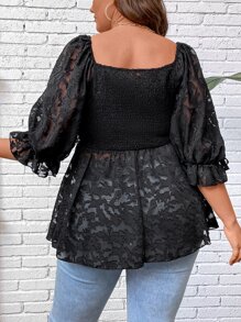 SHEIN LUNE Plus Floral Print Puff Sleeve Peplum Blouse - Black - View 2