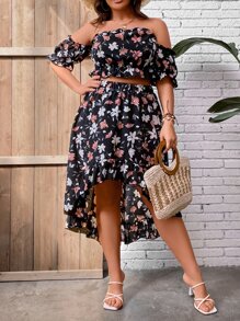 SHEIN Holidaya Camisa crop con estampado floral de hombros descubiertos & Falda fruncido bajo irregular - Multicolor - Ver 1