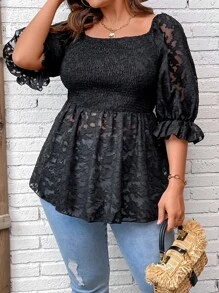 SHEIN LUNE Plus Floral Print Puff Sleeve Peplum Blouse - Black - View 3