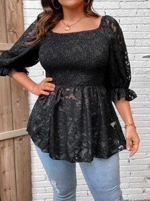 SHEIN LUNE Plus Floral Print Puff Sleeve Peplum Blouse - Black - View 4