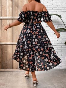 SHEIN Holidaya Camisa crop con estampado floral de hombros descubiertos & Falda fruncido bajo irregular - Multicolor - Ver 2