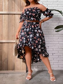 SHEIN Holidaya Camisa crop con estampado floral de hombros descubiertos & Falda fruncido bajo irregular - Multicolor - Ver 3