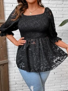 SHEIN LUNE Plus Floral Print Puff Sleeve Peplum Blouse - Black - View 5