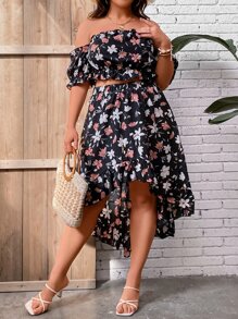 SHEIN Holidaya Camisa crop con estampado floral de hombros descubiertos & Falda fruncido bajo irregular - Multicolor - Ver 4