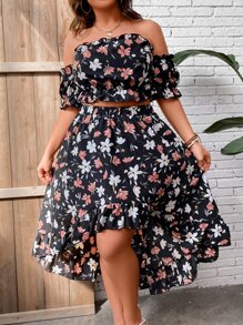 SHEIN Holidaya Camisa crop con estampado floral de hombros descubiertos & Falda fruncido bajo irregular - Multicolor - Ver 5