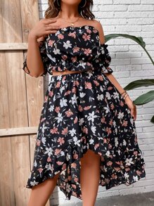 SHEIN Holidaya Camisa crop con estampado floral de hombros descubiertos & Falda fruncido bajo irregular - Multicolor - Ver 6