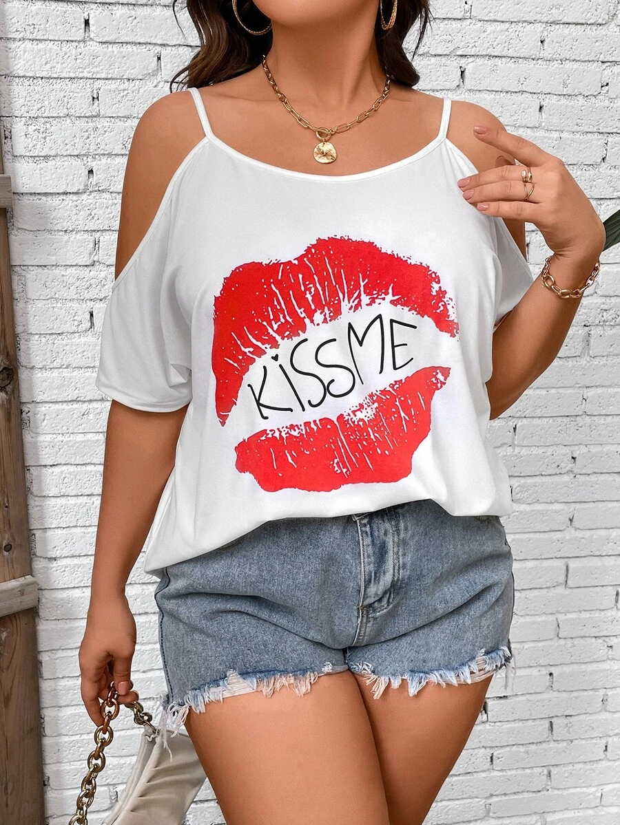 SHEIN LUNE Plus Lip and Letter Graphic Cold Shoulder Tee - White - View 1