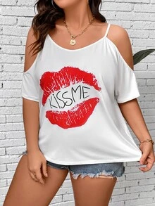 SHEIN LUNE Plus Lip and Letter Graphic Cold Shoulder Tee - White - View 3