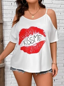 SHEIN LUNE Plus Lip and Letter Graphic Cold Shoulder Tee - White - View 4