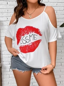 SHEIN LUNE Plus Lip and Letter Graphic Cold Shoulder Tee - White - View 5