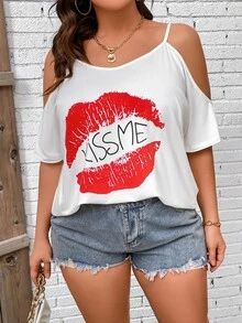 SHEIN LUNE Plus Lip and Letter Graphic Cold Shoulder Tee - White - View 6
