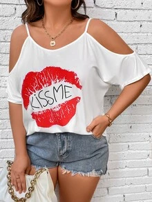 SHEIN LUNE Plus Lip and Letter Graphic Cold Shoulder Tee - White - View 7