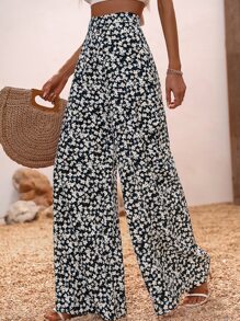Breezaya Ditsy Floral Wide Leg Trousers - Black and White - View 1