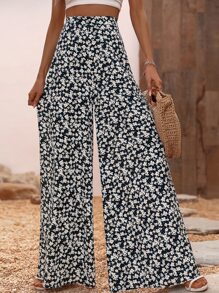 Breezaya Ditsy Floral Wide Leg Trousers - Black and White - View 3